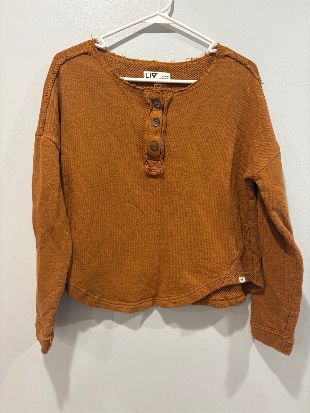 Washed Henley Sweatshirt — Rust Brown ptp 21 by 21